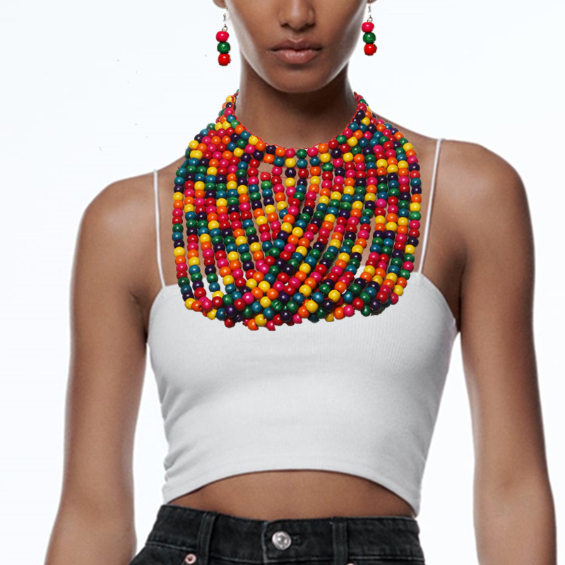 Women'S Accessories Amazon - Kalung set berlapis-lapis dengan manik-manik kayu